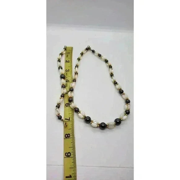 Hematite & Mother Of Pearl Necklace Bracelet Set Gold Bead Cluster Accents - Picture 9 of 9